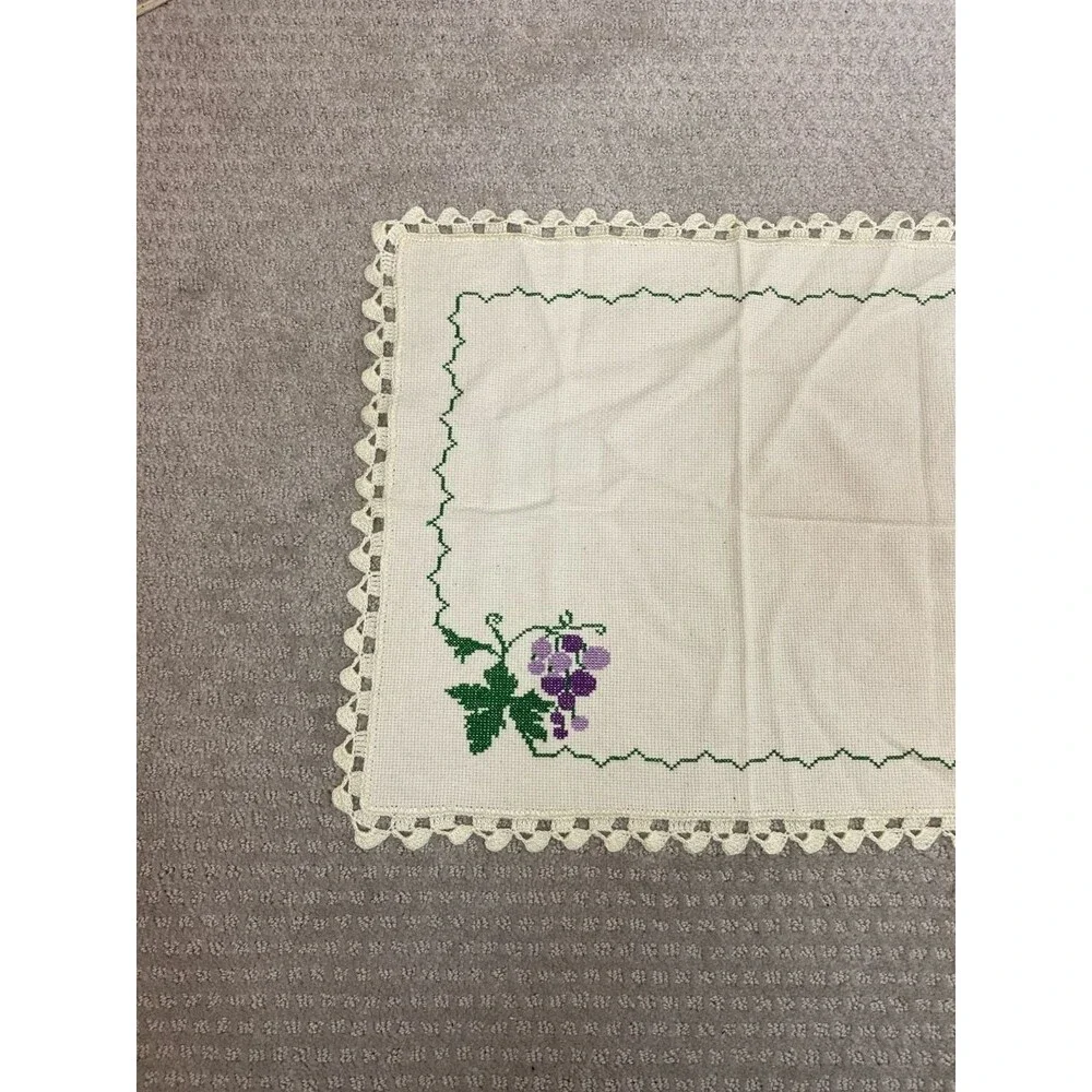 Vintage Handmade Cross-Stitch Grape Napkin with Crocheted Lace Trim 18x15